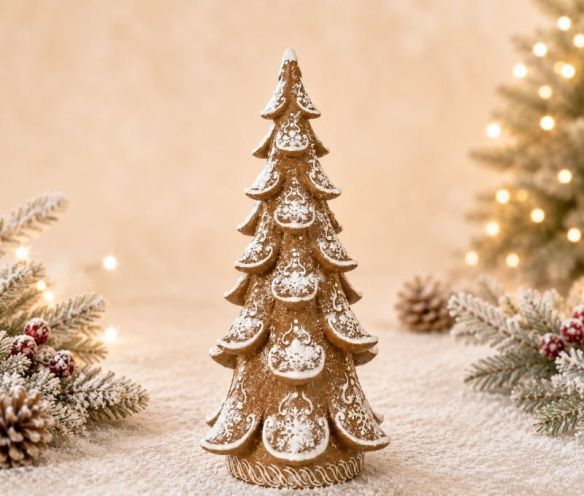 Sapin décoratif pain d'épices effet neige motifs sculptés blancs caramel H40cm décoration Noël