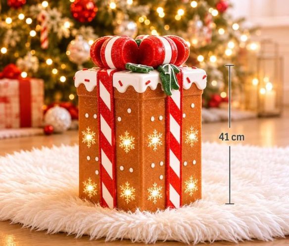 Décoration cadeau pain d'épices lumineux LED rubans sucre d'orge rouges glaçage blanc flocons H41cm