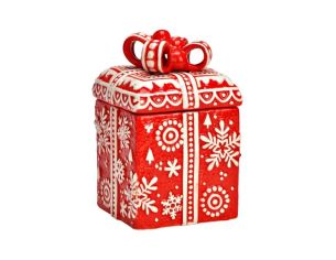 Boîte cadeau Noël céramique rouge flocons blancs nœud relief couvercle H15cm décoration