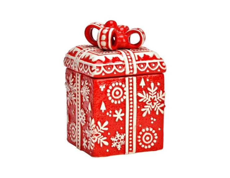 Boîte cadeau Noël céramique rouge flocons blancs nœud relief couvercle H15cm décoration
