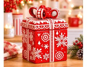 Boîte cadeau Noël céramique rouge flocons blancs nœud relief couvercle H15cm décoration