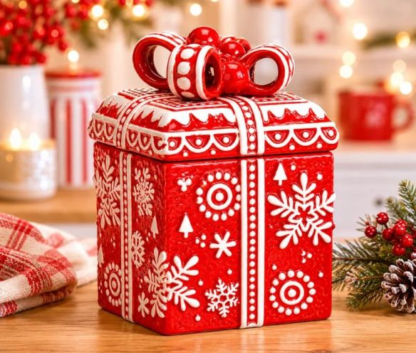 Boîte cadeau Noël céramique rouge flocons blancs nœud relief couvercle H15cm décoration