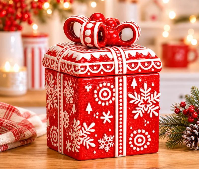 Boîte cadeau Noël céramique rouge flocons blancs nœud relief couvercle H15cm décoration
