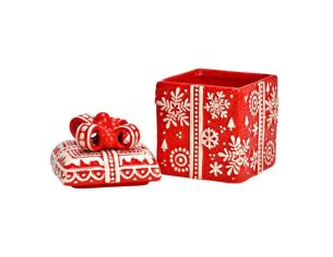 Boîte cadeau Noël céramique rouge flocons blancs nœud relief couvercle H15cm décoration