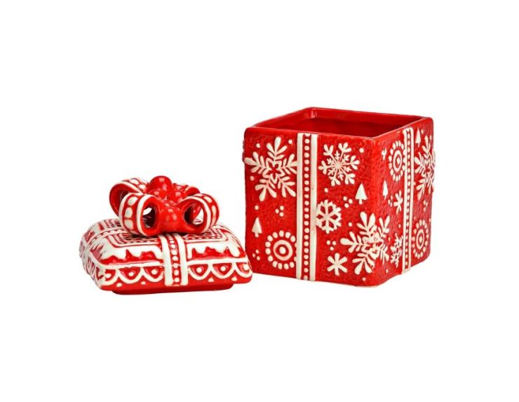Boîte cadeau Noël céramique rouge flocons blancs nœud relief couvercle H15cm décoration