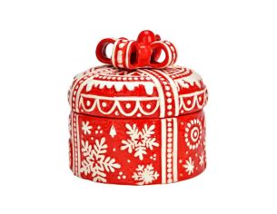 Boîte cadeau Noël ronde céramique rouge flocons blancs en relief nœud couvercle H14cm