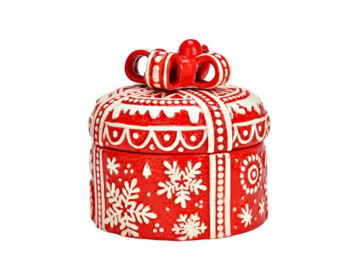 Boîte cadeau Noël ronde céramique rouge flocons blancs en relief nœud couvercle H14cm