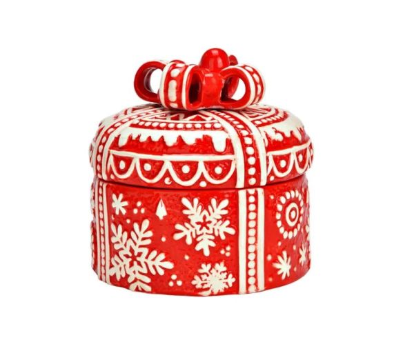 Boîte cadeau Noël ronde céramique rouge flocons blancs en relief nœud couvercle H14cm