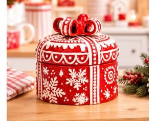 Boîte cadeau Noël ronde céramique rouge flocons blancs en relief nœud couvercle H14cm