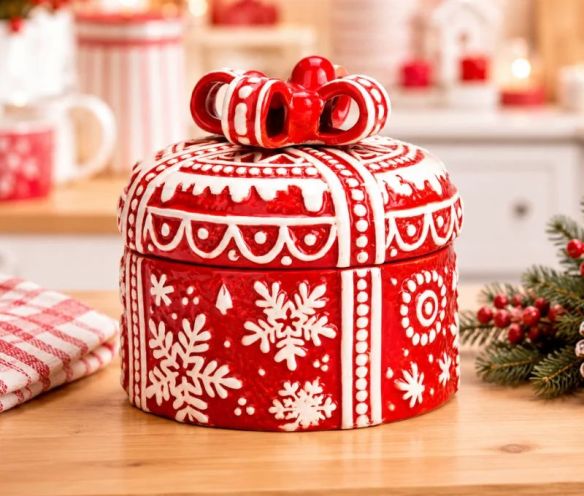 Boîte cadeau Noël ronde céramique rouge flocons blancs en relief nœud couvercle H14cm