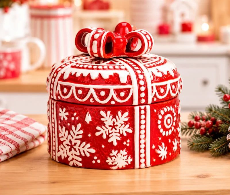 Boîte cadeau Noël ronde céramique rouge flocons blancs en relief nœud couvercle H14cm