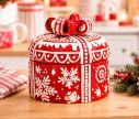 Voir la slide Boîte cadeau Noël ronde céramique rouge flocons blancs en relief nœud couvercle H14cm