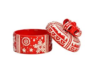 Boîte cadeau Noël ronde céramique rouge flocons blancs en relief nœud couvercle H14cm