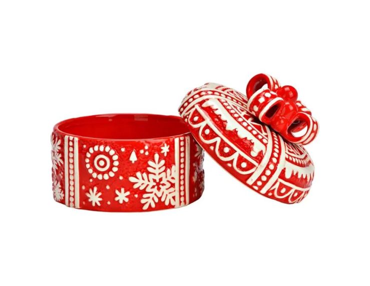 Boîte cadeau Noël ronde céramique rouge flocons blancs en relief nœud couvercle H14cm