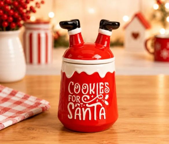 Pot à biscuit Noël céramique rouge "Cookies for Santa" jambes Père Noël couvercle H21cm