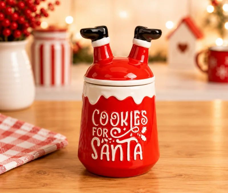 Pot à biscuit Noël céramique rouge "Cookies for Santa" jambes Père Noël couvercle H21cm