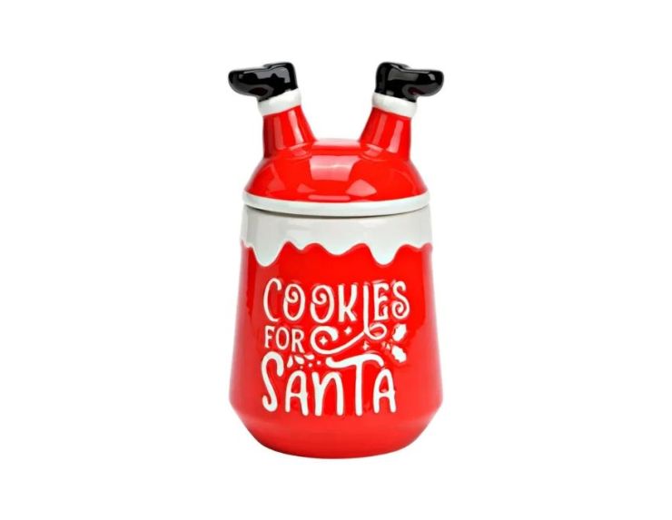 Pot à biscuit Noël céramique rouge "Cookies for Santa" jambes Père Noël couvercle H21cm