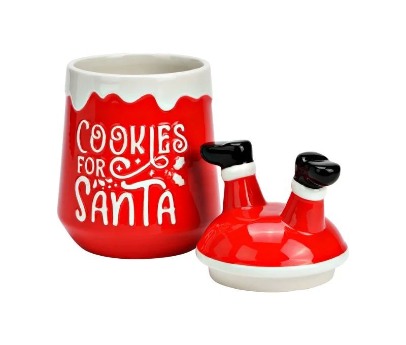 Pot à biscuit Noël céramique rouge "Cookies for Santa" jambes Père Noël couvercle H21cm