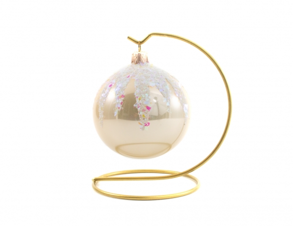 Boule de Noël champagne verre soufflé décor effet neige sur le dessus de la boule diamètre 8cm