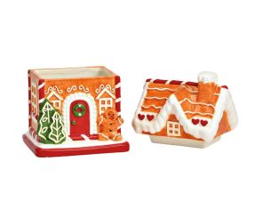 Bonbonnière maison pain d'épices céramique toit enneigé bonhomme sapin couronne rouge H19cm