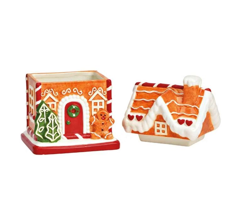 Bonbonnière maison pain d'épices céramique toit enneigé bonhomme sapin couronne rouge H19cm