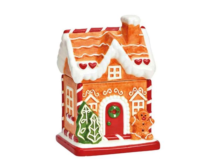 Bonbonnière maison pain d'épices céramique toit enneigé bonhomme sapin couronne rouge H19cm