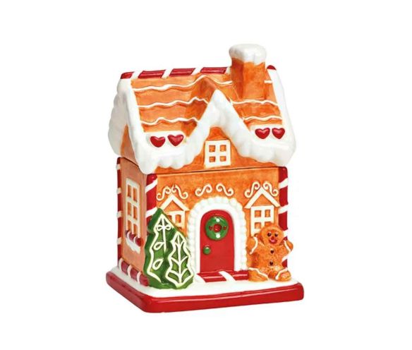 Bonbonnière maison pain d'épices céramique toit enneigé bonhomme sapin couronne rouge H19cm