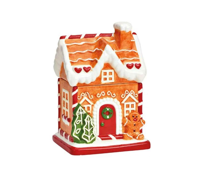 Bonbonnière maison pain d'épices céramique toit enneigé bonhomme sapin couronne rouge H19cm