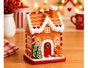 Bonbonnière maison pain d'épices céramique toit enneigé bonhomme sapin couronne rouge H19cm