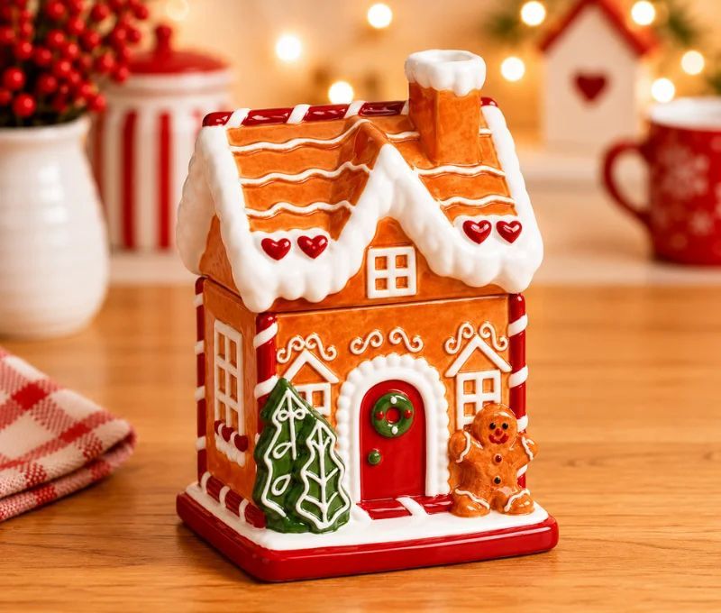 Bonbonnière maison pain d'épices céramique toit enneigé bonhomme sapin couronne rouge H19cm