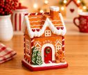 Voir la slide Bonbonnière maison pain d'épices céramique toit enneigé bonhomme sapin couronne rouge H19cm