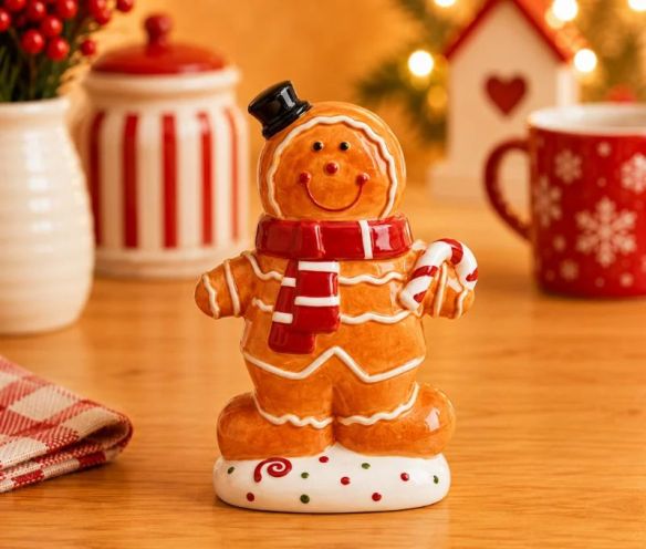 Pot à biscuit céramique bonhomme pain d'épices Gustave chapeau noir écharpe rouge H21cm