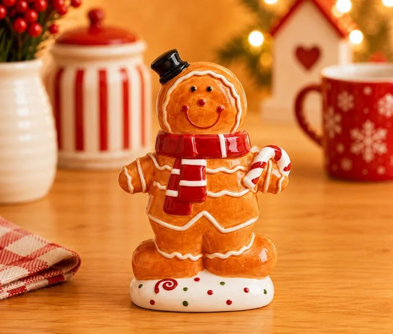 Pot à biscuit céramique bonhomme pain d'épices Gustave chapeau noir écharpe rouge H21cm