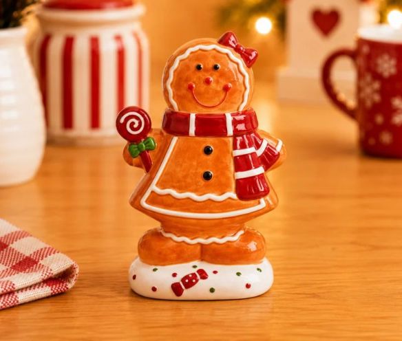 Pot à biscuit céramique bonhomme pain d'épices Cannelle nœud rouge sucre d'orge écharpe H21cm