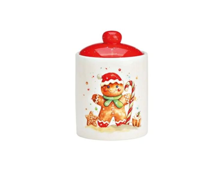 Pot céramique blanc rouge bonhomme Noël sucre d'orge bonnet rouge étoile H14cm