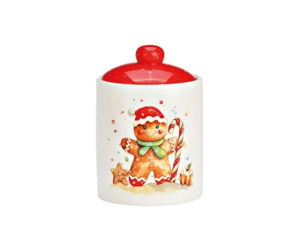 Pot céramique blanc rouge bonhomme Noël sucre d'orge bonnet rouge étoile H14cm