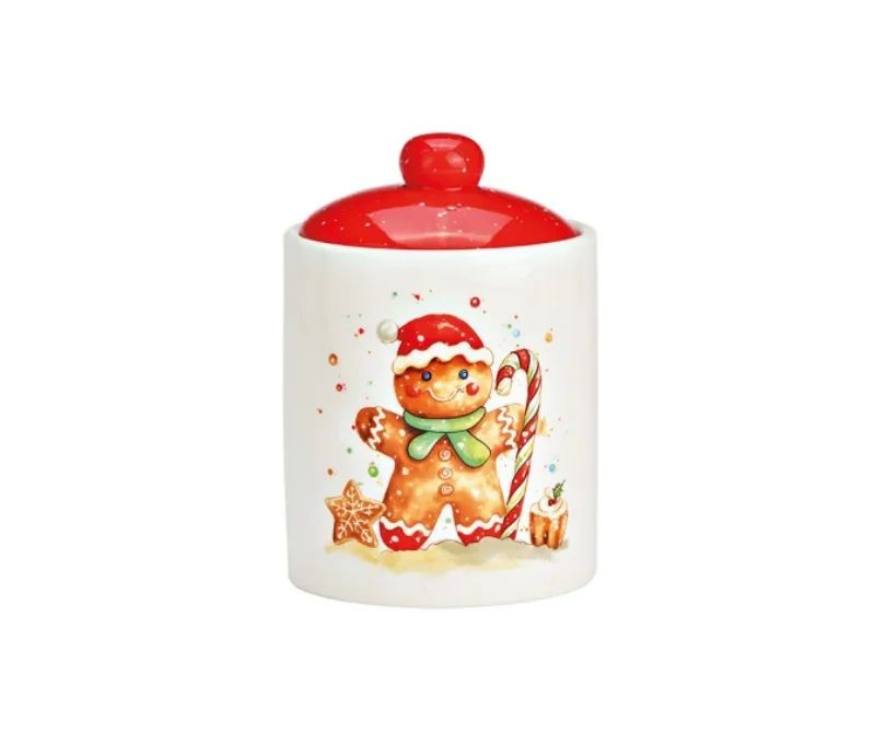 Pot céramique blanc rouge bonhomme Noël sucre d'orge bonnet rouge étoile H14cm