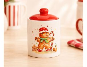 Pot céramique blanc rouge bonhomme Noël sucre d'orge bonnet rouge étoile H14cm