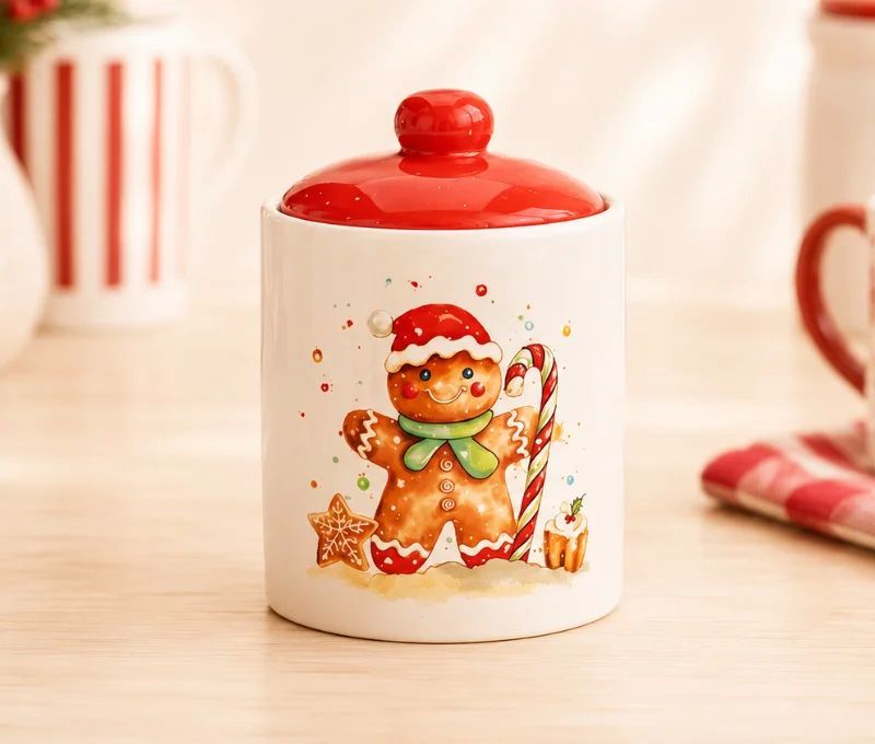Pot céramique blanc rouge bonhomme Noël sucre d'orge bonnet rouge étoile H14cm