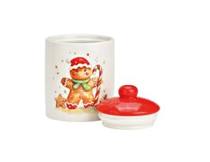 Pot céramique blanc rouge bonhomme Noël sucre d'orge bonnet rouge étoile H14cm