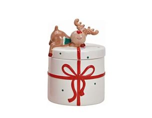 Pot céramique blanc cadeau ruban rouge renne couché couvercle H14cm Noël
