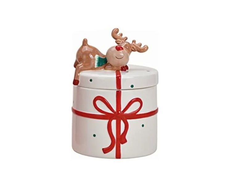 Pot céramique blanc cadeau ruban rouge renne couché couvercle H14cm Noël
