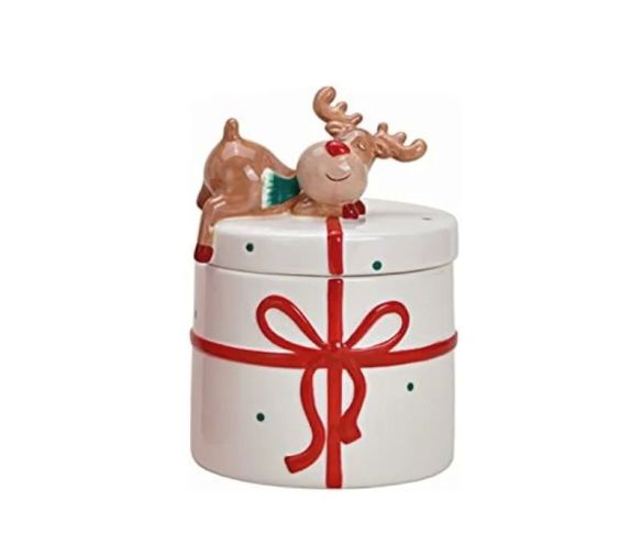 Pot céramique blanc cadeau ruban rouge renne couché couvercle H14cm Noël