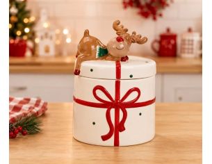 Pot céramique blanc cadeau ruban rouge renne couché couvercle H14cm Noël