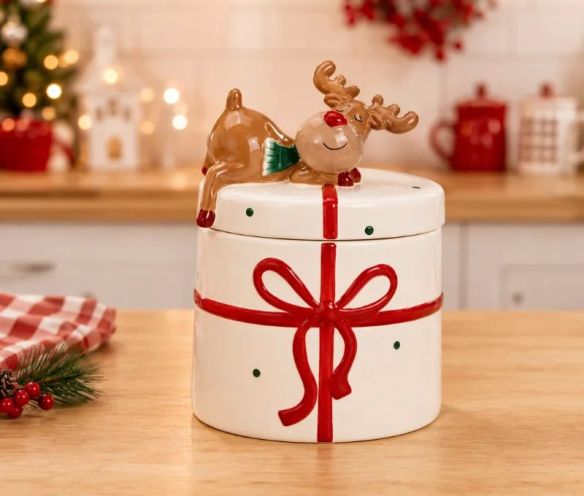 Pot céramique blanc cadeau ruban rouge renne couché couvercle H14cm Noël