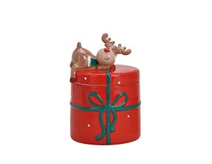 Pot céramique rouge cadeau ruban vert renne couché couvercle H14cm Noël