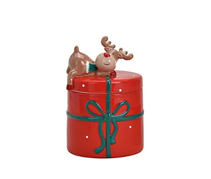 Pot céramique rouge cadeau ruban vert renne couché couvercle H14cm Noël