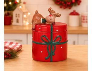 Pot céramique rouge cadeau ruban vert renne couché couvercle H14cm Noël