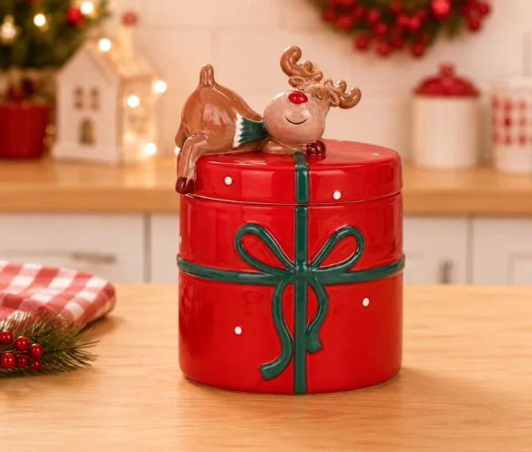 Pot céramique rouge cadeau ruban vert renne couché couvercle H14cm Noël