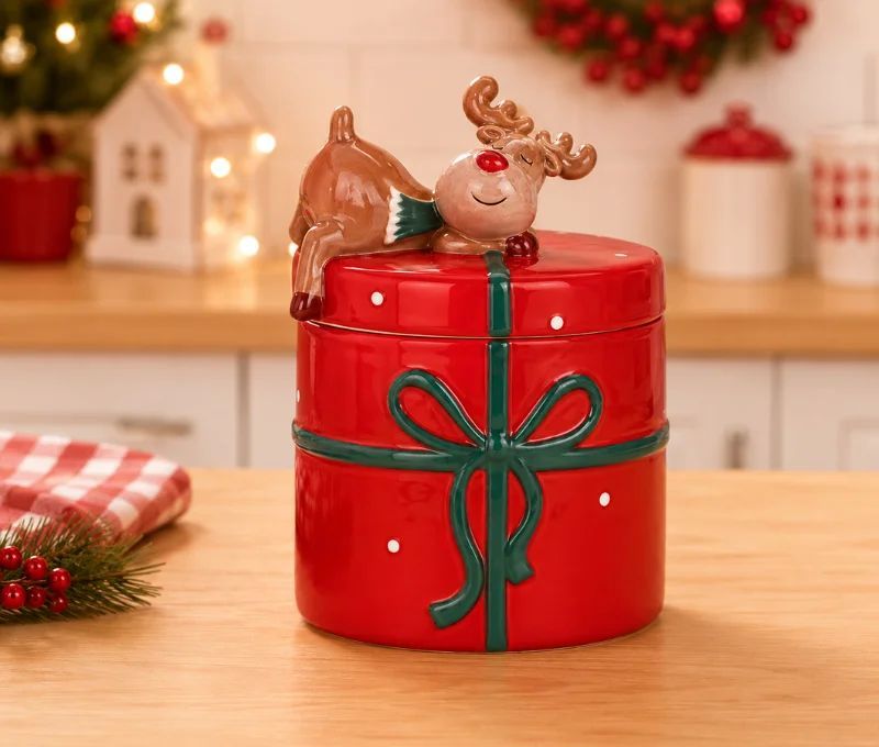 Pot céramique rouge cadeau ruban vert renne couché couvercle H14cm Noël